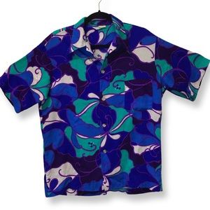 70s Handmade Blue and Green Hawaiian Short Sleeve Shirt